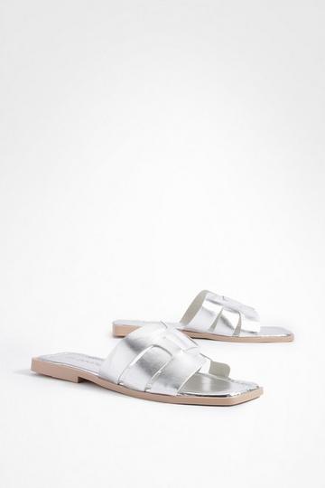 Silver Caged Detail Mule Flat Sandals