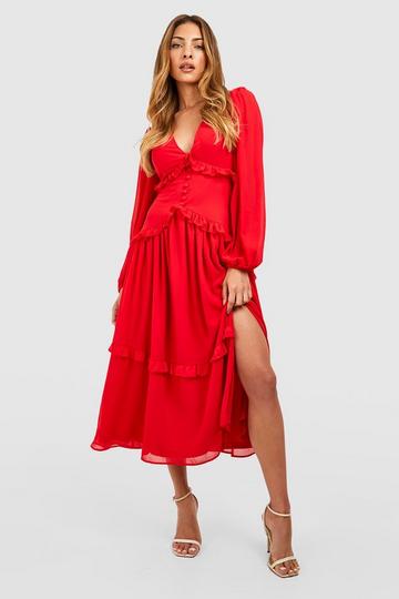 Red Ruffle Waist Detail Midi Dress