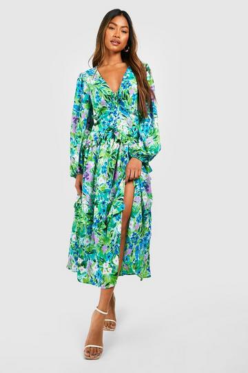 Green Floral Waist Detail Midi Dress
