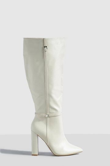 Ecru White Wide Fit Block Heel Pointed Toe Knee High Boots