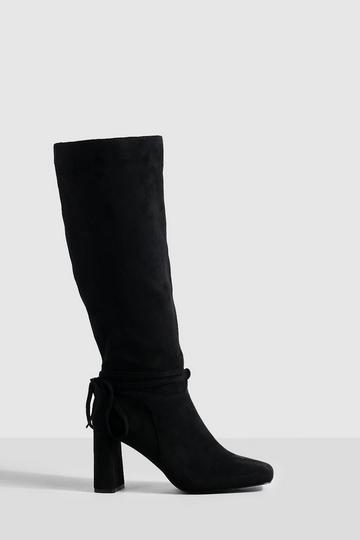Wide Fit Block Heel Bow Detail Knee High Boots black