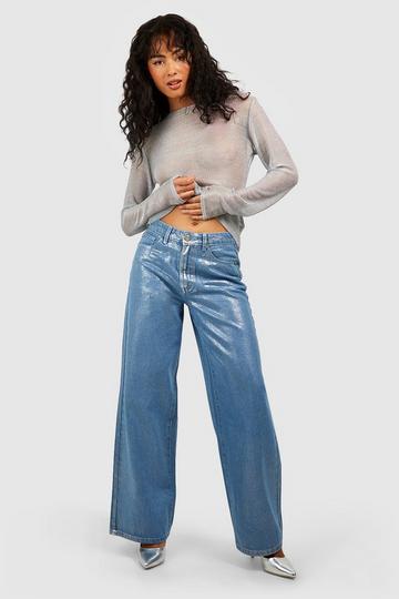 Silver Metallic Coated High Rise Straight Leg Jeans
