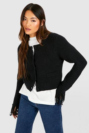 Tassel Sleeve Shoulder Pad Crop Knitted Cardigan black