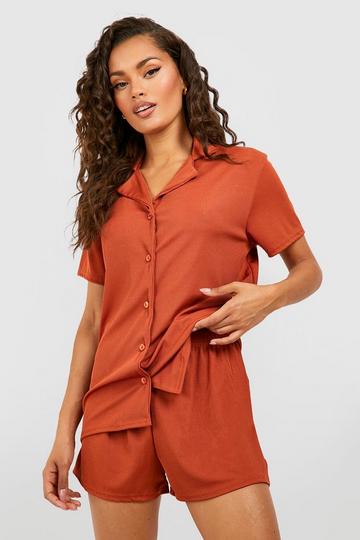 Short Sleeve Rib Pyjama Shirt rust