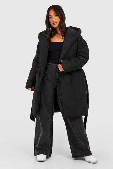 Petite Diamond Quilted Belted Puffer Jacket black