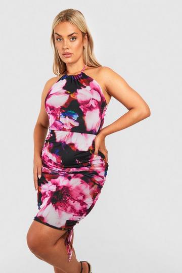 Plus Floral Mesh Ruched Bodycon Dress pink