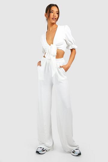 Hammered Knot Front Puff Sleeve Crop & Wide Leg Trousers ivory