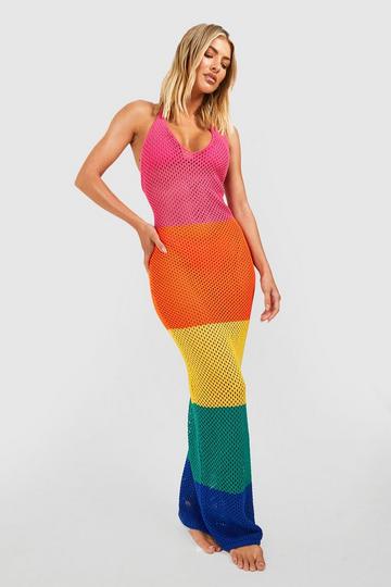 Pink Color Block Stripe Crochet Beach Maxi Dress