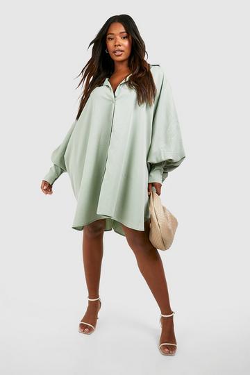 Khaki Plus Oversized Batwing Balloon Sleeve Shirt Dress