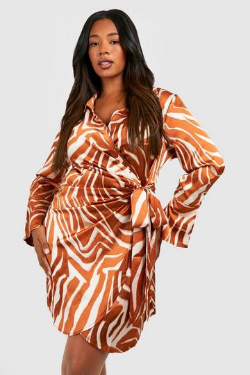 Rust Orange Plus Zebra Print Wrap Shirt Dress