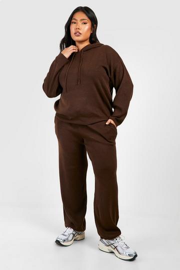 Chocolate Brown Plus Knitted Hoodie Loungewear Set
