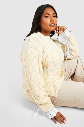 Plus Cable Knit Ruched Shirt Detail Jumper ivory