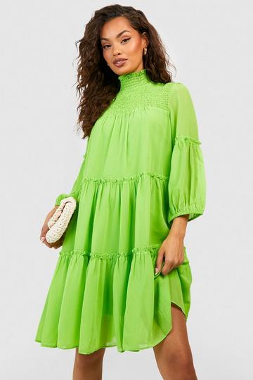 Shirred Tiered Detail Smock Dress lime