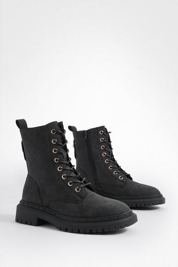 Cleated Rand Detail Lace Up Hiker Boots black