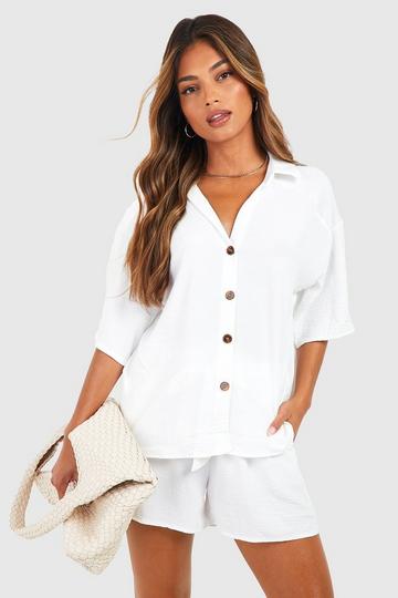 Hammered Relaxed Fit Shirt & Tie Waist Shorts ivory