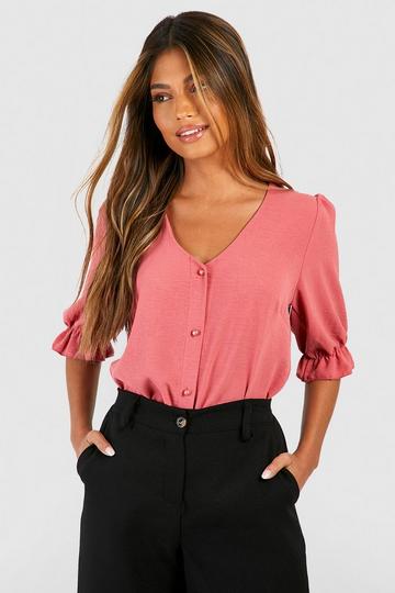 Hammered Puff Sleeve Button Front Blouse desert rose