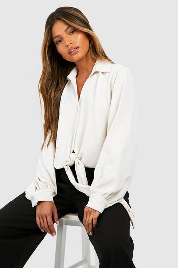 Hammered Knot Front Volume Sleeve Shirt cream