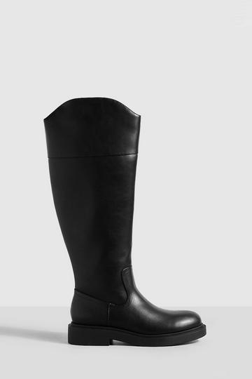 Curved Top Knee High Chunky Boots black