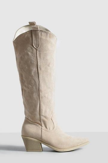 Low Heel Embroidered Knee High Western Cowboy Brown Boots cream