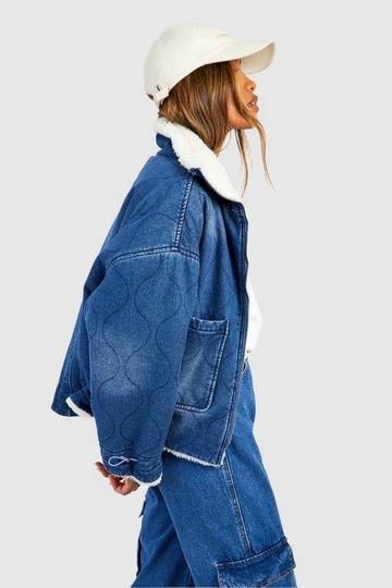 Quilted Borg Lined Denim Jacket mid blue