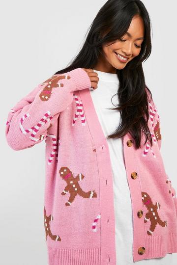 Gingerbread And Candy Cane Christmas Cardigan baby pink