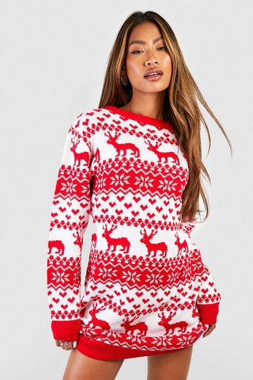 Hearts And Reindeer Fairisle Christmas Sweater Dress red