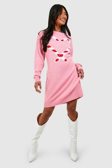 Pink Candy Cane Christmas Sweater Dress