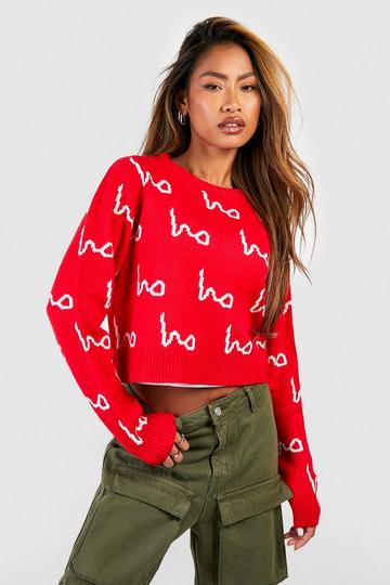 Ho Ho Ho All Over Print Crop Christmas Sweater red