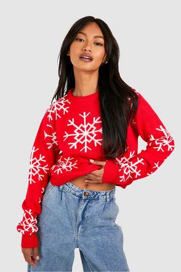 Snowflake Crop Christmas Sweater red