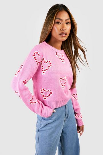 Heart Candy Cane Crop Christmas Sweater pink
