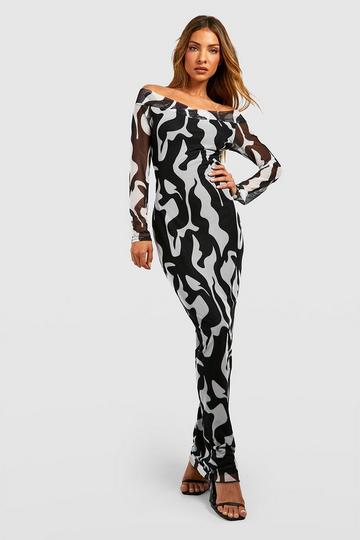 Abstract Mesh Bardot Maxi Dress black