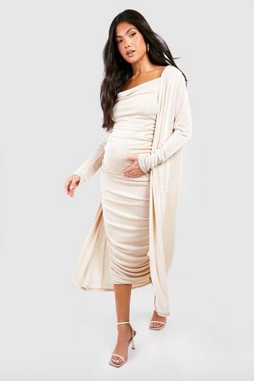 Maternity Strappy Cowl Neck Dress And Duster Coat nude