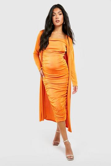 Maternity Strappy Cowl Neck Dress And Duster Coat orange