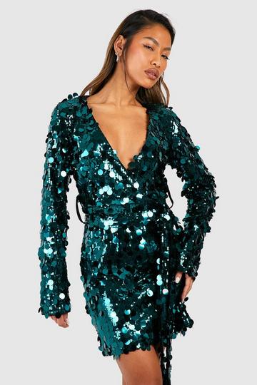 Sequin Disc Wrap Dress emerald