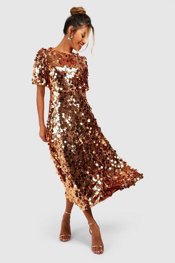 Bronze Metallic Sequin Blouson Midaxi Dress