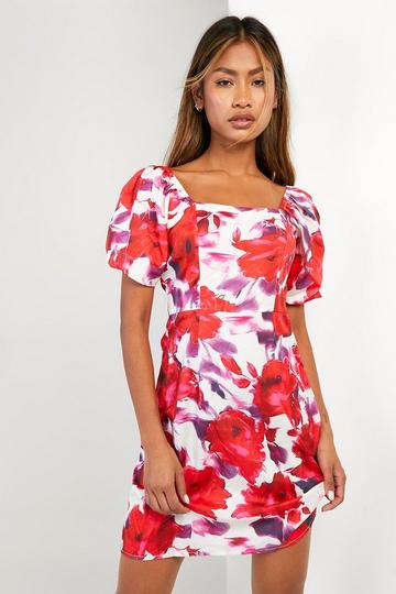 Floral Puff Sleeve Mini Dress red