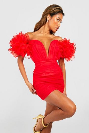 Tulle Ruched Shoulder Bodycon Dress red