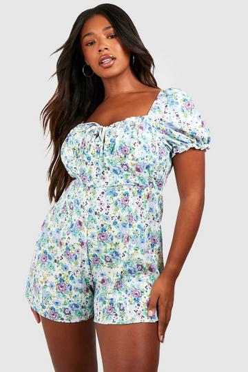 Ivory White Plus Floral Print Ruched Sweetheart Romper