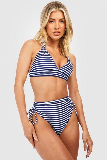 Nautical Stripe Tummy Control Ruched Bikini Brief navy