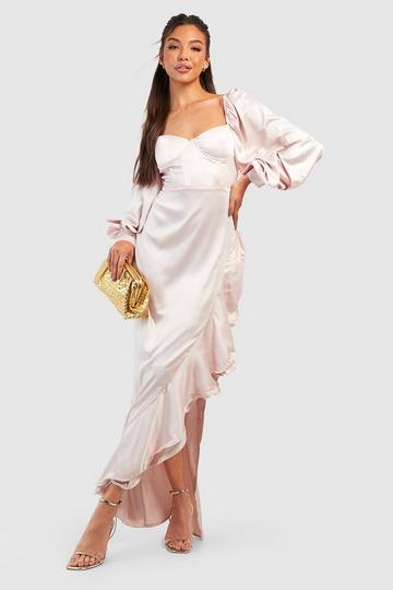 Champagne Beige Satin Corset Detail Ruffle Maxi Dress