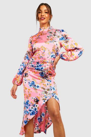 Floral Print High Neck Ruched Midi Dress blush