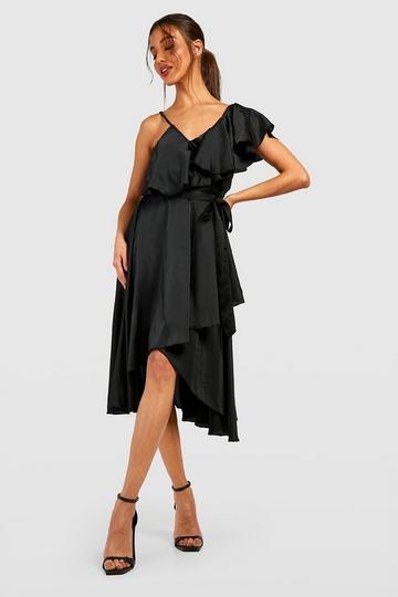 Satin Ruffle Wrap Detail Skater Dress black