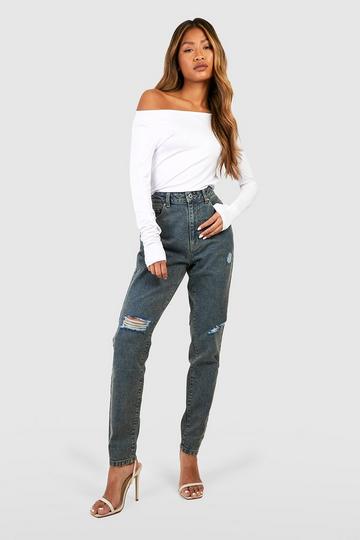 Basics High Waisted Ripped Mom Jeans vintage wash