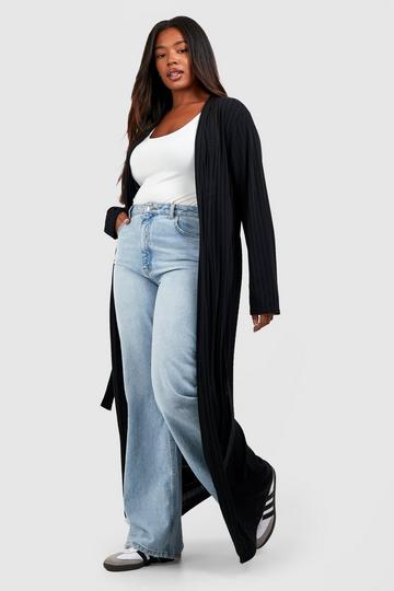 Plus Knitted Rib Belted Maxi Cardigan black