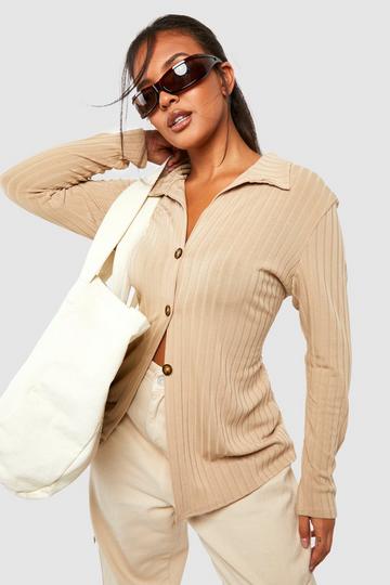 Plus Knitted Rib Button Front Collared Cardigan taupe