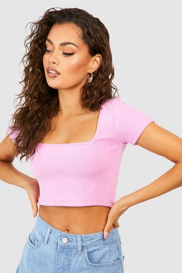 Square Neck Short Sleeve Crop Top baby pink