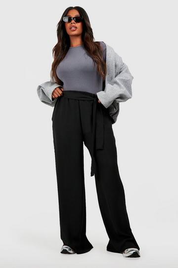 Black Plus Woven Textured Belted Wide Leg Pants