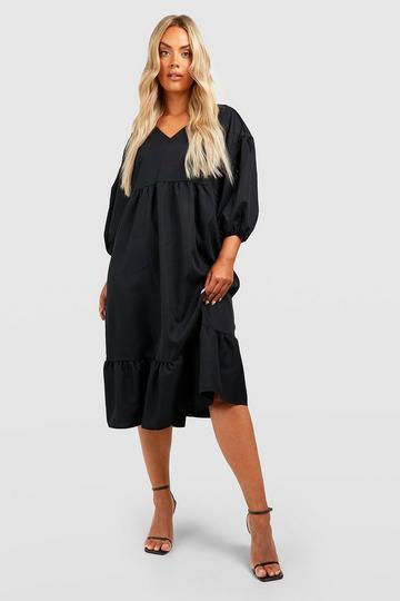Black Plus Woven Puff Sleeve Tiered Smock Dress