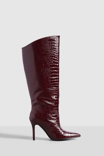 Asymmetric Croc Mid Height Stiletto Knee High Boots burgundy