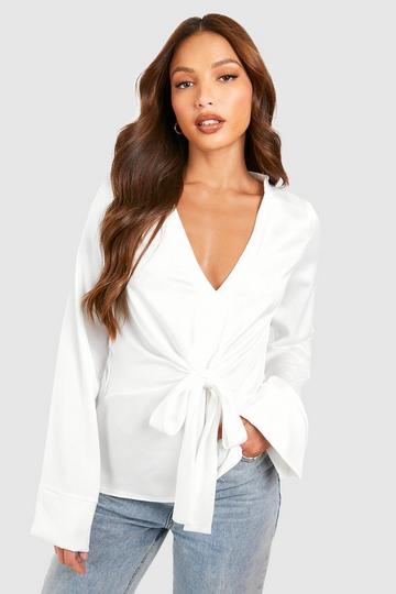 Tall Satin Tie Front Drape Plunge Blouse ivory